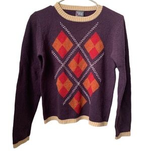 THINK PINK Women’s Purple Red Orange Ivory Tan Trim Lambswool Argyle Sweater